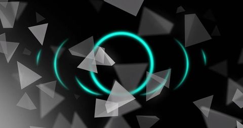 Glowing neon teal rings radiating with floating triangular shards in dark abstract space
