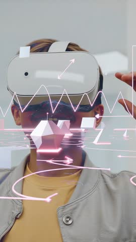 Teenager Exploring VR Interface with Floating Cubes, Waveforms and Interactive HUD Vertical Video