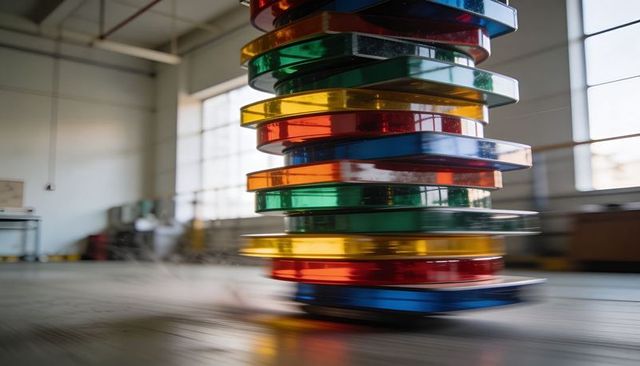 Spinning stack of translucent colored discs reflecting on wooden studio floor