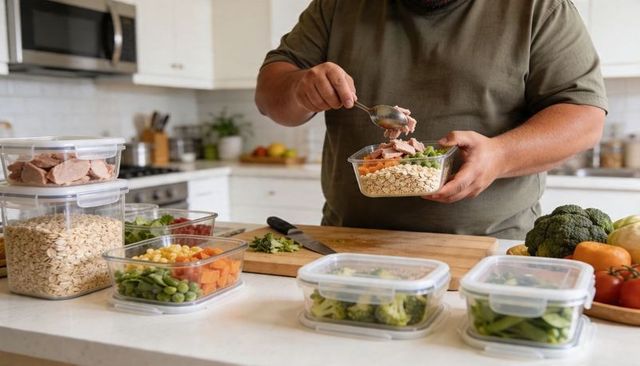 Man spooning cooked protein into meal-prep container on kitchen counter, meal prepping