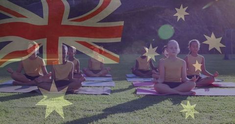 Kids in Yoga Practice with Australian Flag Overlay Outdoors