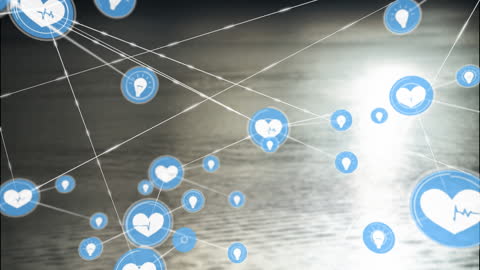 Digital Network Connections with Health Icons Overlay Water Surface