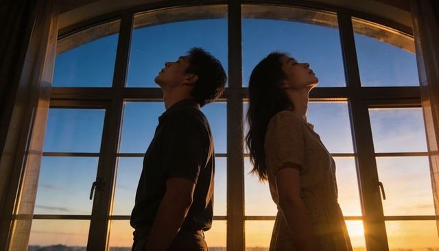 Back-to-back couple standing at arched window during sunset, silhouette and tension