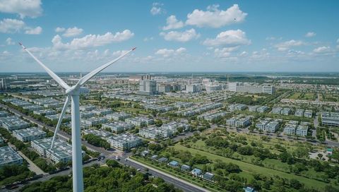 Wind turbine towering over modern office campus, renewable energy infrastructure skyline