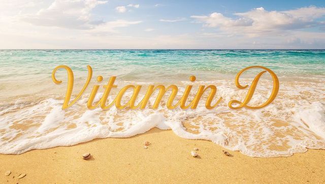 Golden Vitamin D lettering on sunlit tropical beach with turquoise waves and seashells