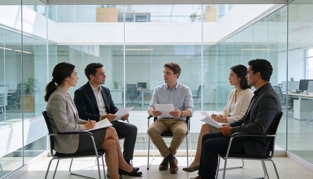 Panel interview group reviewing documents and discussing strategy in glass-walled office