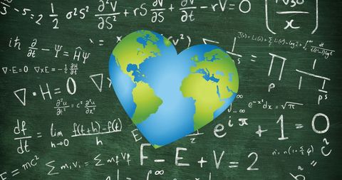 A heart-shaped depiction of Earth superimposed on a chalkboard filled with mathematical equations highlights global awareness and education. This composition connects math studies with planetary care, symbolizing the importance of connecting scientific learning with sustainability efforts. Ideal for promoting educational content focused on environmental education, mathematics, and global interconnectedness.