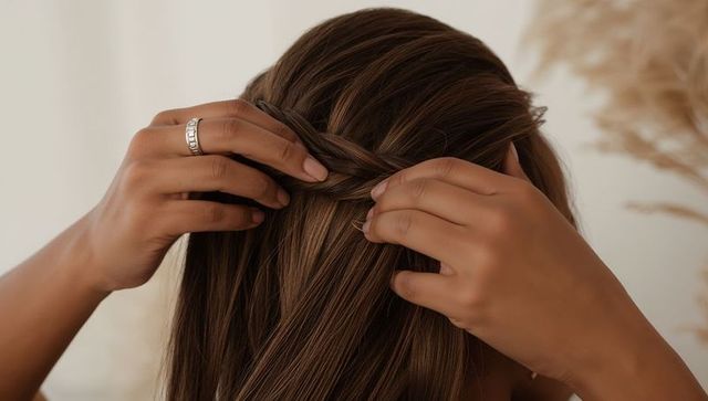 Woman Braiding Long Brown Hair in Serene Setting