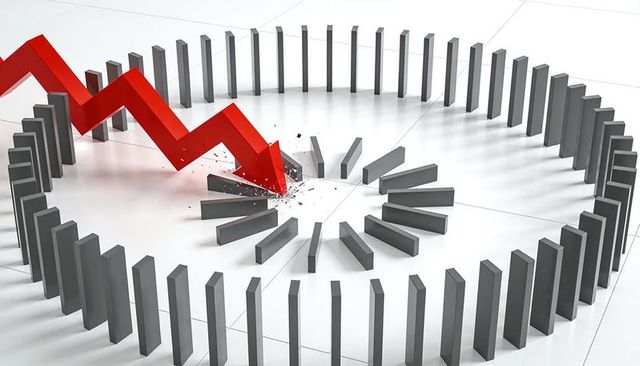 Red zigzag arrow triggering domino ring collapse representing financial downturn impact