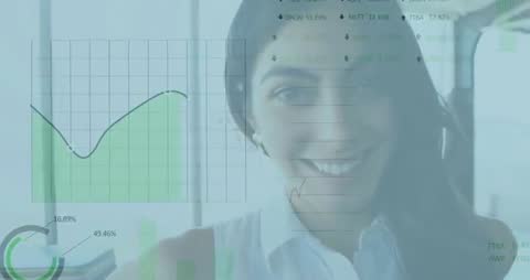 Smiling Professional Overlaid with Financial Graphs in Office