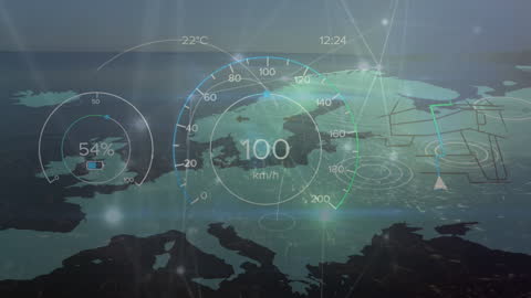 Digital Speedometer Animation Over World Map Seascape
