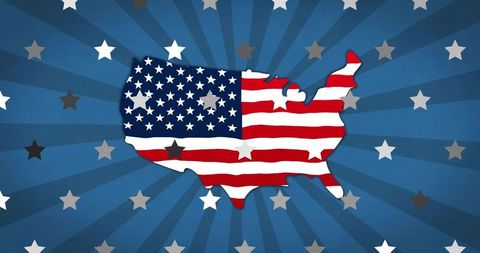 United states flag map silhouette on blue starburst background patriotic graphics branding