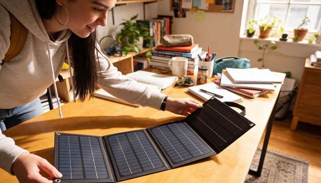 Student unfolding foldable solar charger on sunlit desk in cozy dorm workspace