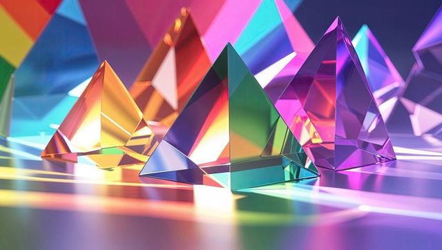 Colorful light refraction through crystal prisms on reflective surface