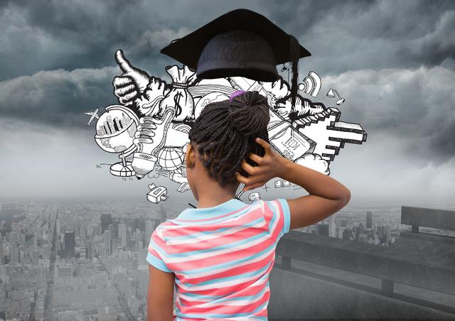 Young girl with braids thoughtfully looking towards a digital art overlay of graduation cap and various symbols representing education and learning. Cityscape background adds an urban feel, symbolizing future ambitions and dreams. Ideal for use in educational promotions, children's aspiration campaigns, motivational posters, and content related to future goals and imagination.
