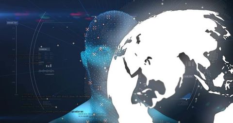 Translucent AI silhouette merging with global digital network, futuristic cyberspace HUD