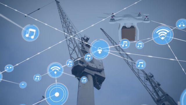 Animation depicts drone delivery system integrated with global network connections. Numerous icons are connected by lines, representing connectivity and communication. Ideal for concepts related to modern logistics, transport innovations, and technological advancements in delivery services.