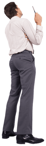 Caucasian Businessman Reflecting with Pen on Transparent Background