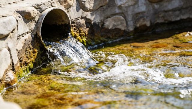 Moss-covered culvert pouring clear water into sunlit stone channel with rippling flow