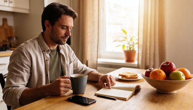 Man sipping coffee flipping notebook pages at sunlit kitchen table morning routine