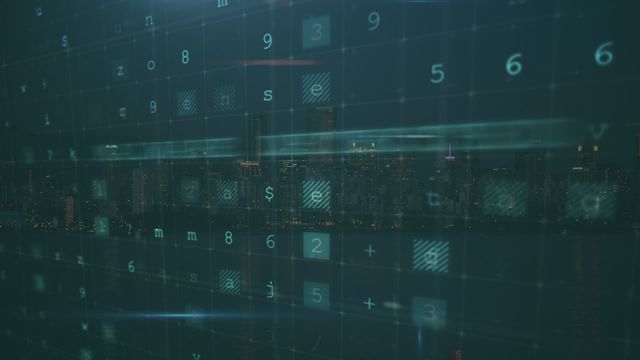 Digital data processing animation superimposed on a cityscape at night offers a futuristic blend of technology and urban atmosphere. Ideal for use in illustrating concepts of information technology, blockchain, software development, big data processing, urban innovation, and financial technology advancements.