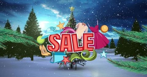 Christmas Tree Sale Promotion with Festive Icons and Snowy Background
