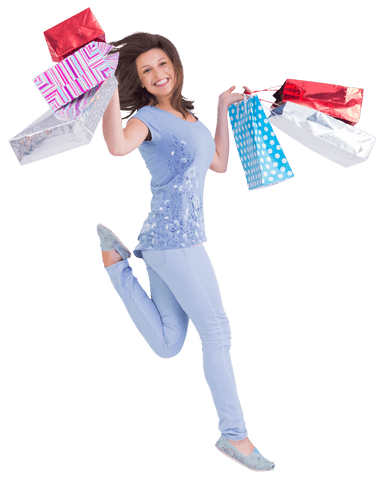Joyful woman jumping with shopping bags in transparent background