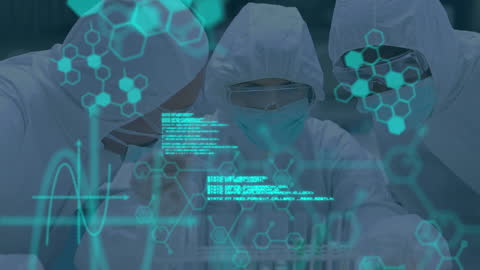 Diverse Scientists in Protective Gear Analyzing Data with Molecular Overlay