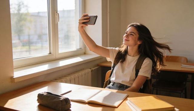 Teen female student taking selfie at sunlit classroom desk with notebook and backpack