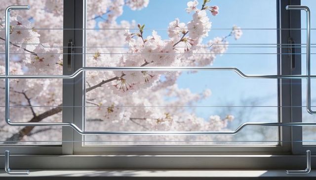 Blooming Cherry Blossom Branch Framing Window with Sleek Metal Rack on Sunlit Sill