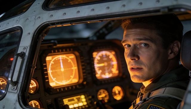 Night cockpit pilot monitoring amber radar and instrument displays in military aircraft