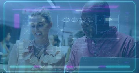 Professionals Analyzing Holographic Data in Modern Office Environment