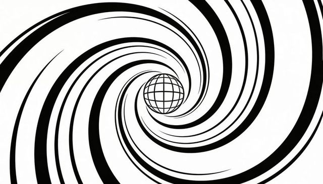 Spiraling black bands drawing eye into wireframe globe vortex for futuristic minimal design