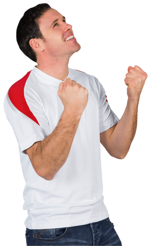 Triumphant Football Fan Cheering in White T-Shirt Transparent Background