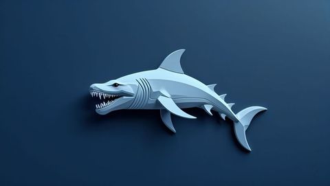 Stylized blue 3d megalodon shark model with serrated teeth