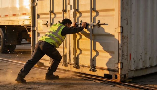 Dock worker pushing container lock bars at sunset, heavy cargo logistics yard