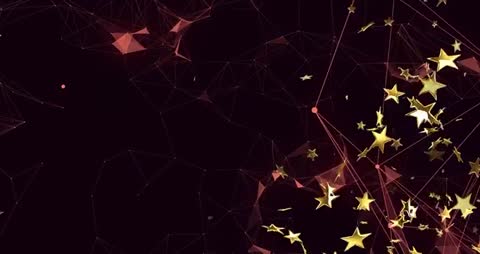 Golden Stars Emitting from Red Network Nodes over Dark Geometric Mesh Motion Background