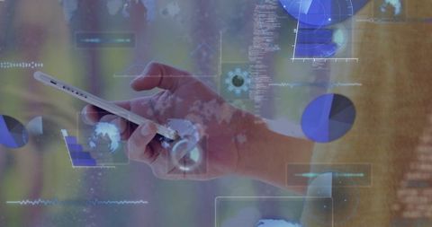 Hand holding smartphone with holographic data visualization