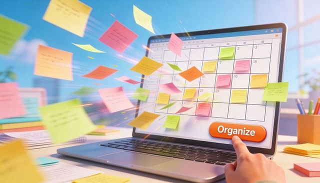 Laptop calendar organizing with sticky notes flying and finger pressing Organize button