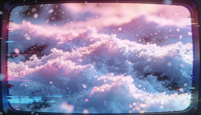 Glowing crystal snow macro on retro monitor with pink blue rim light and glitch scanlines