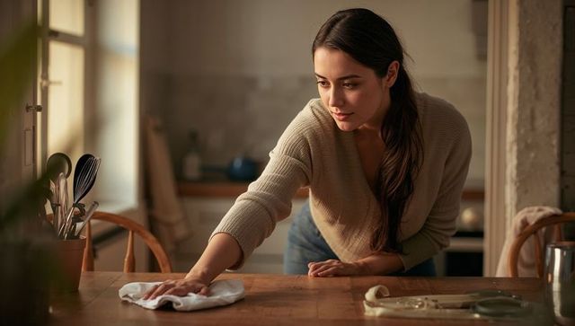 Young woman cleaning wooden kitchen table during golden hour, cozy domestic chore, modern lifestyle