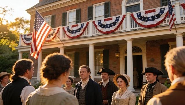 Colonial townsfolk gathering on flag-draped porch for patriotic independence day ceremony
