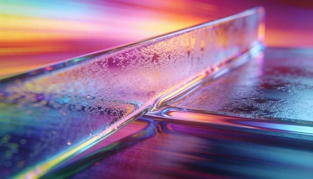 Glinting iridescent glass slab with water droplets and neon reflection closeup