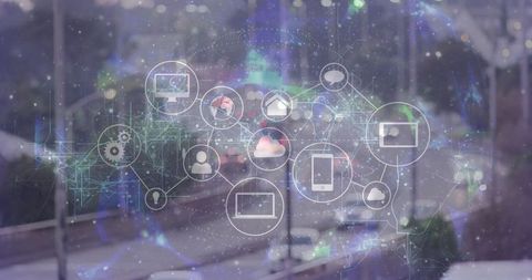 Translucent Network Overlay Showing Tech Connectivity Over Urban Street