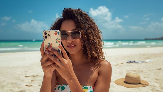Woman Using Smartphone on Tropical Beach with Vibrant Blue Sea