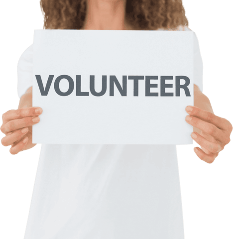 Transparent woman holding volunteer poster unified message