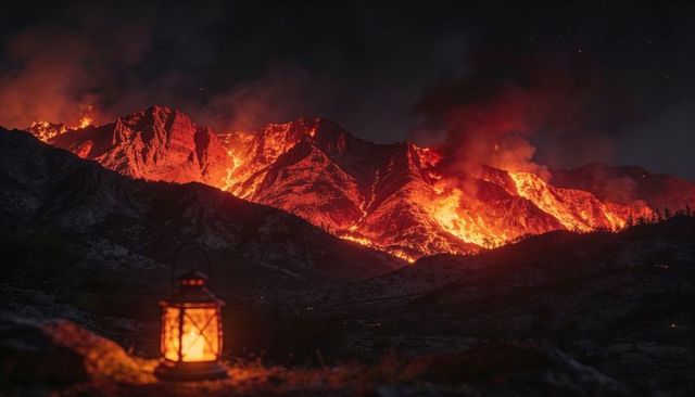 Night wildfire engulfing mountain ridgelines with glowing lantern on rocky foreground
