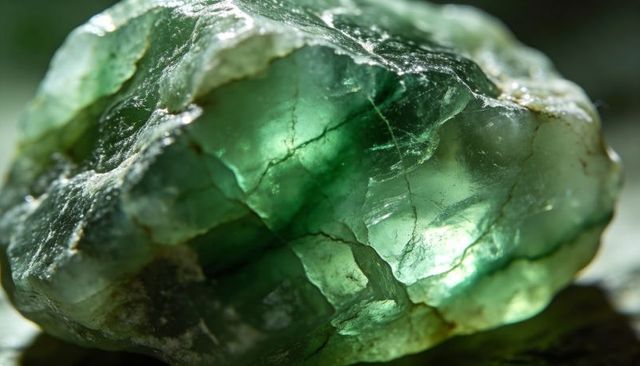 Rough emerald crystal revealing translucent green veins, natural fractures, host rock