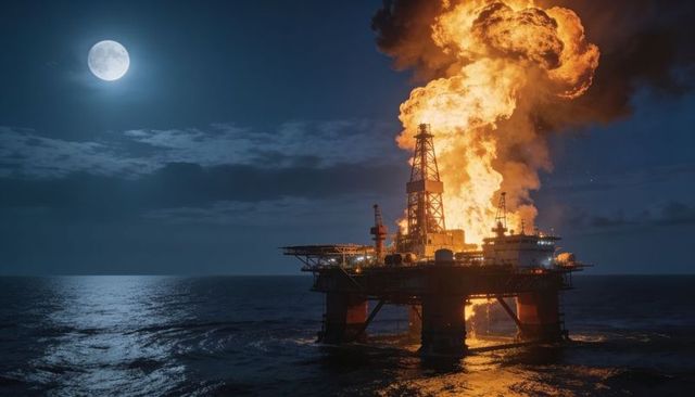 Offshore drilling platform burning at night under full moon, towering flames and smoke