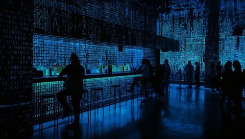 Futuristic neon bar glowing with binary code projections and silhouetted patrons